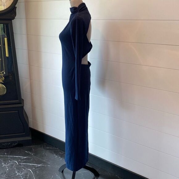 Zara New Midnight Blue Long Sleeves High Collard Open Twisted Back Dress Size S - Picture 4 of 8